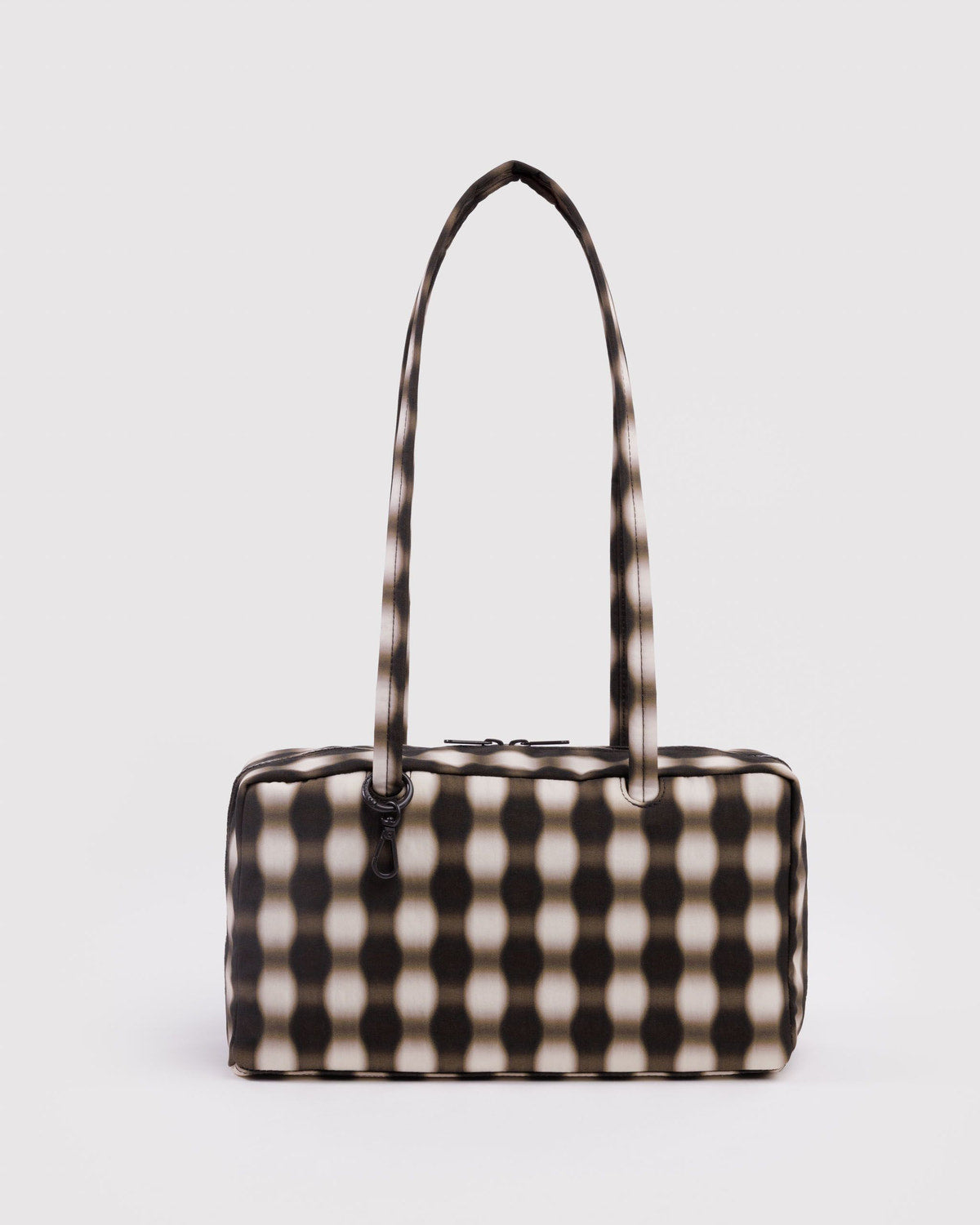 Brown and cream check nylon bowler bag with top zipper and short handles