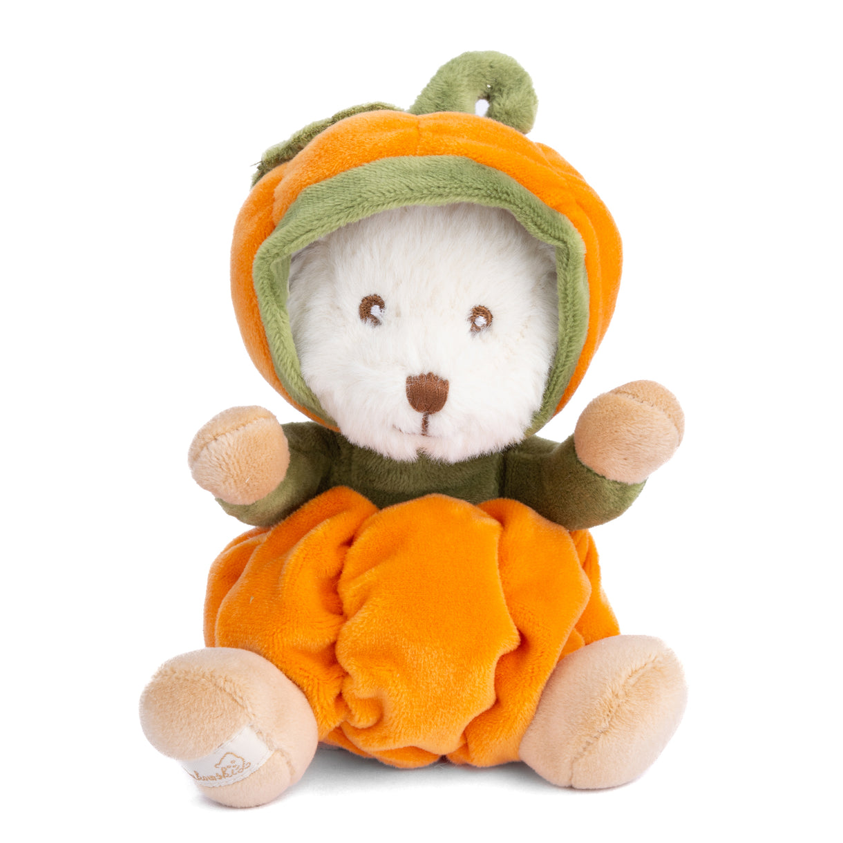 Pumpkin-themed plush in orange outfit with green hood and tan paws
