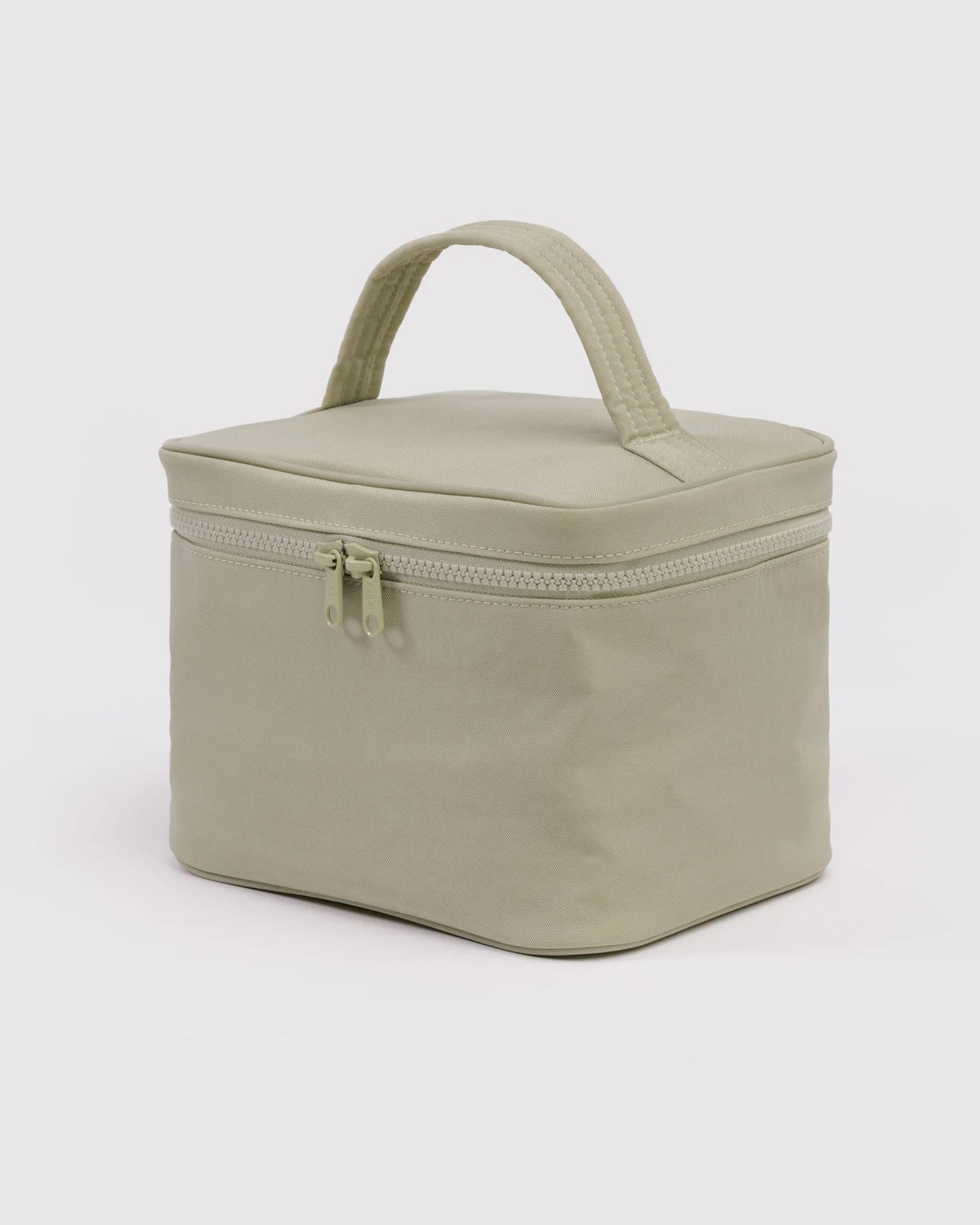 Large cosmetic case in sage green with zip top and carry handle