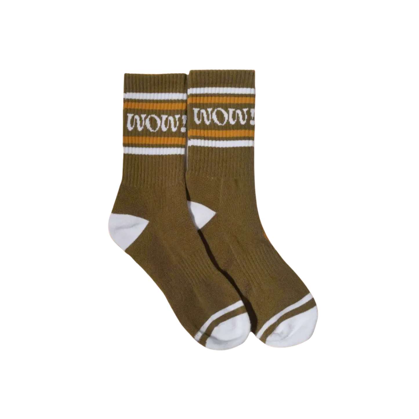 Pair of olive crew socks with white heel toe and striped cuff