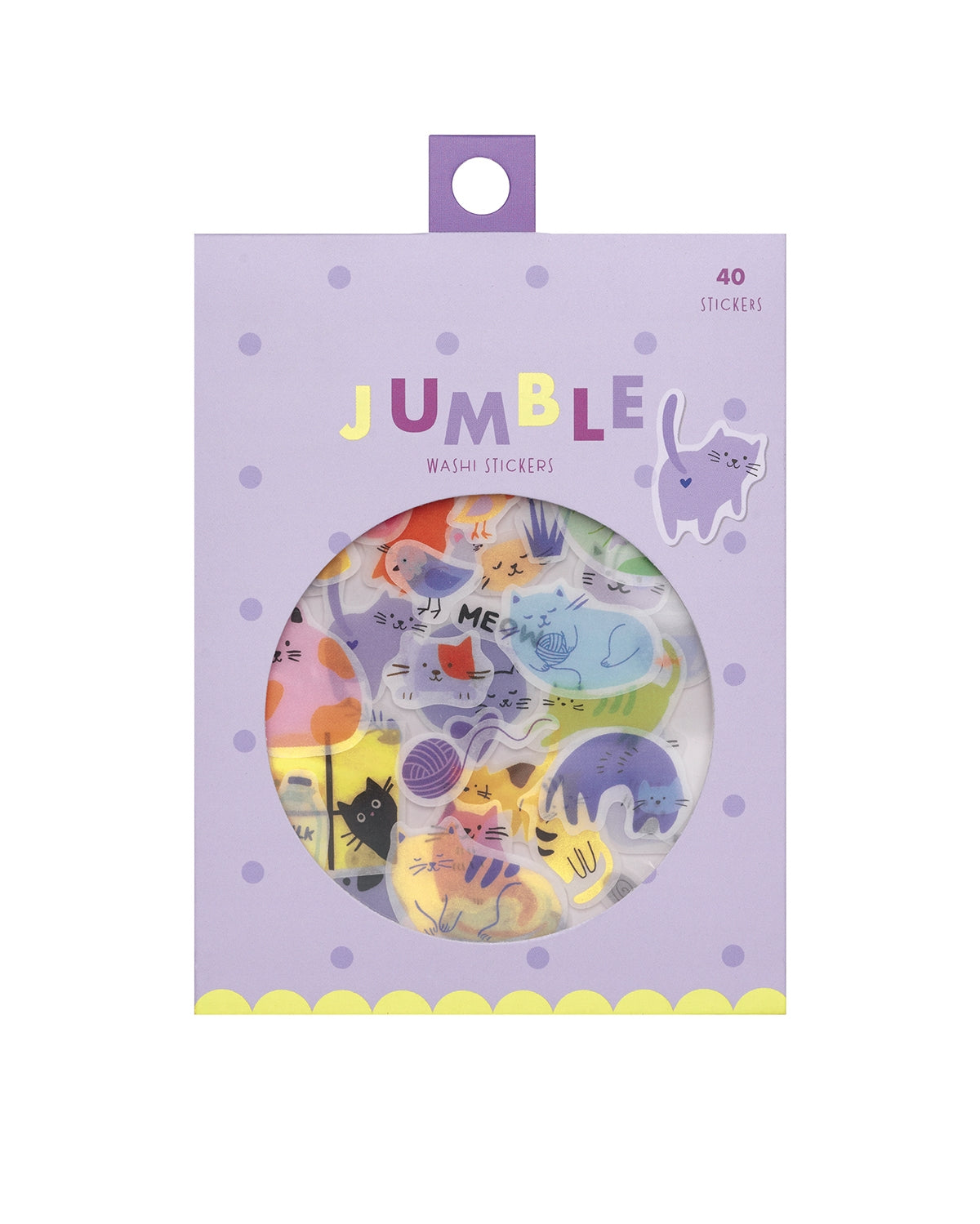 Purple washi sticker pack with circular window, 40 cat-themed stickers