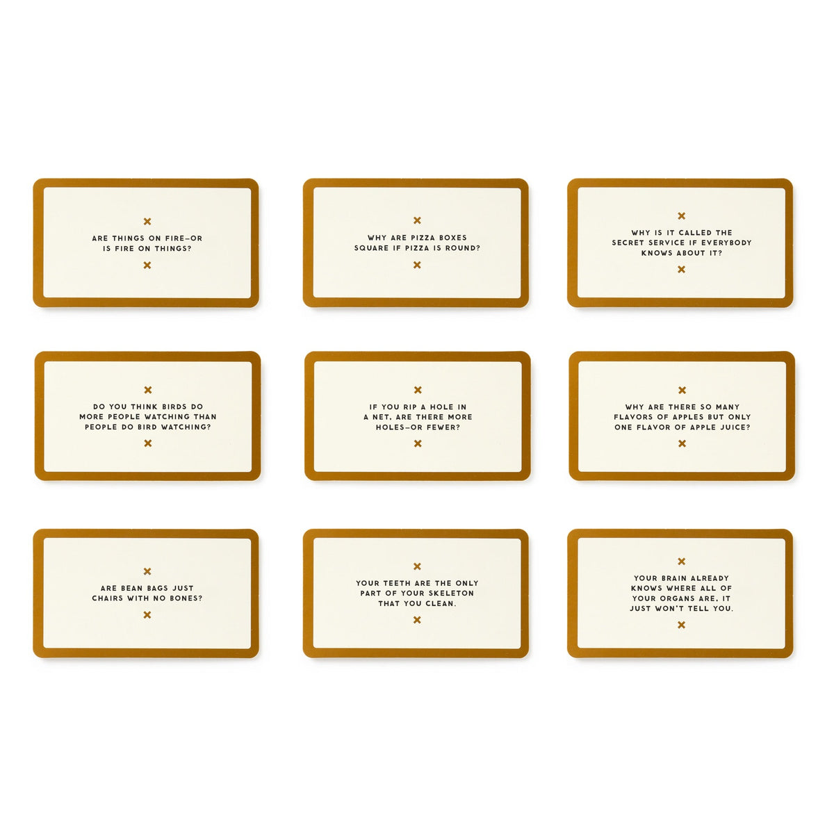 Conversation starter cards with brown borders and gold text, 9 cards shown