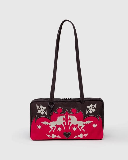 Nylon bowler bag with black top and red front panel, white applique icons, zip top.
