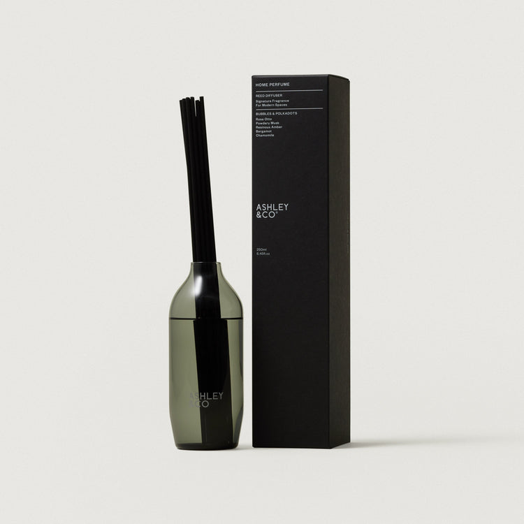 Green-tinted glass reed diffuser bottle with black reeds and black rectangular box