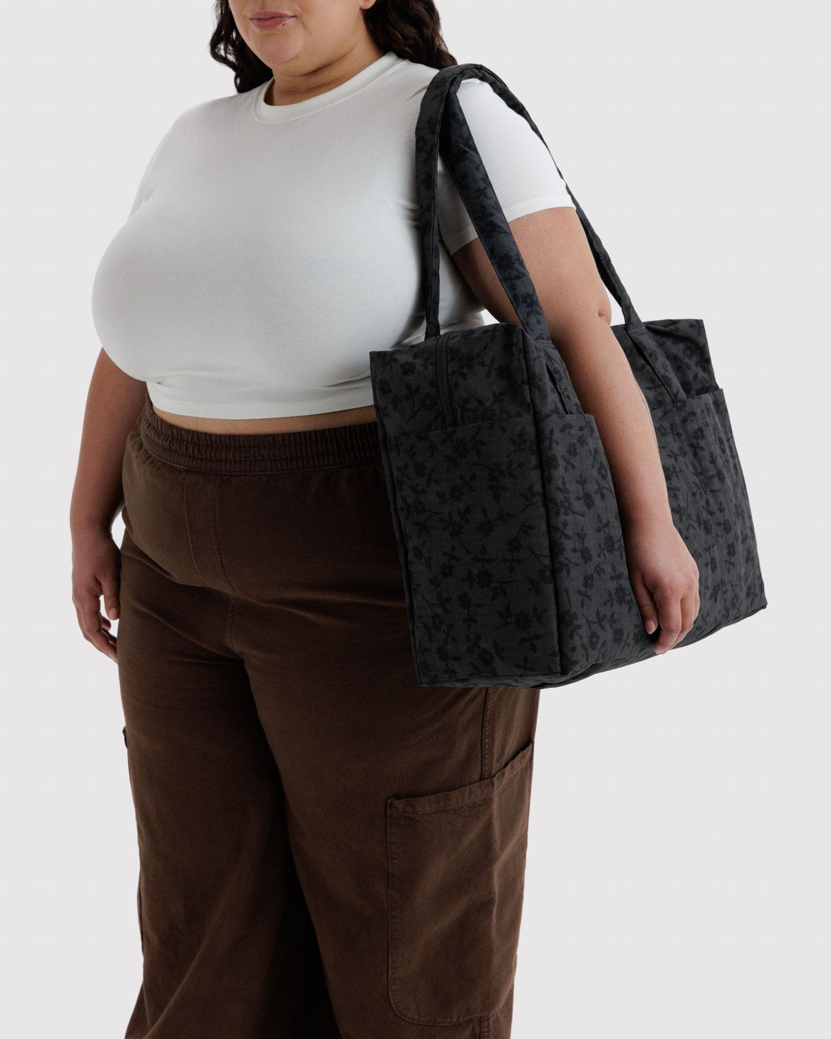 Charcoal floral tote bag with two top handles