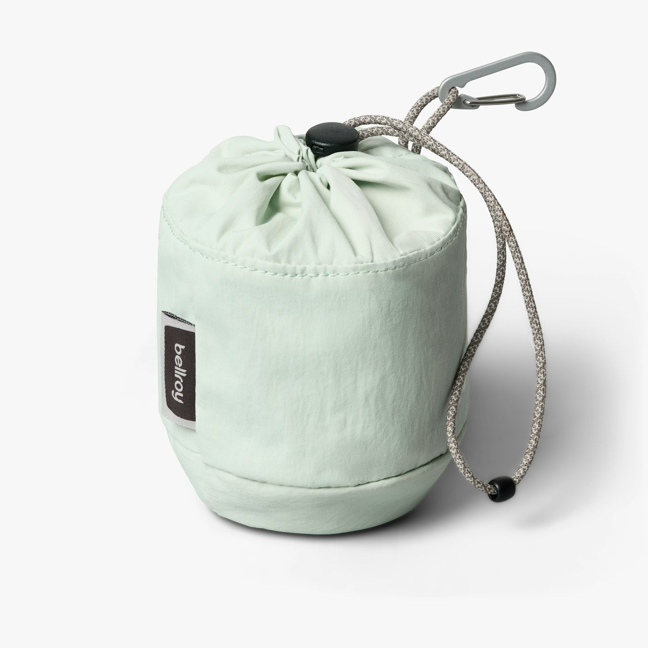 Seafoam green cinch drawstring pouch with carabiner clip and braided rope drawcord