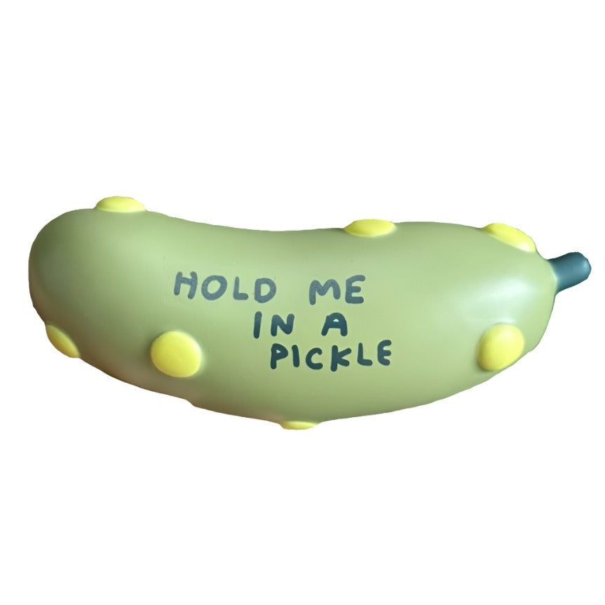 Pickle-shaped stress ball, light green with “HOLD ME IN A PICKLE” text