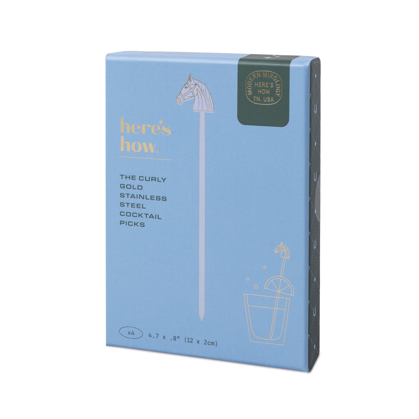 Blue box of curly gold cocktail picks with horse graphic and set size x4