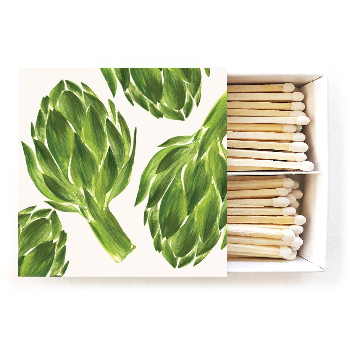 Artichoke match set in open box with green leaf patterned card and wooden matchsticks