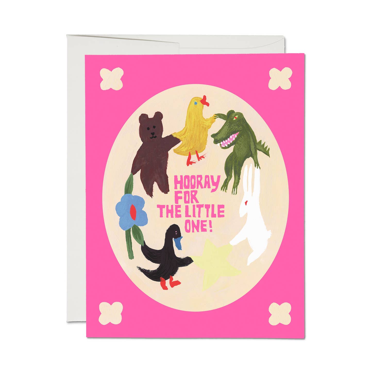 Pink greeting card with circular animal illustration and 'HOORAY FOR THE LITTLE ONE!'