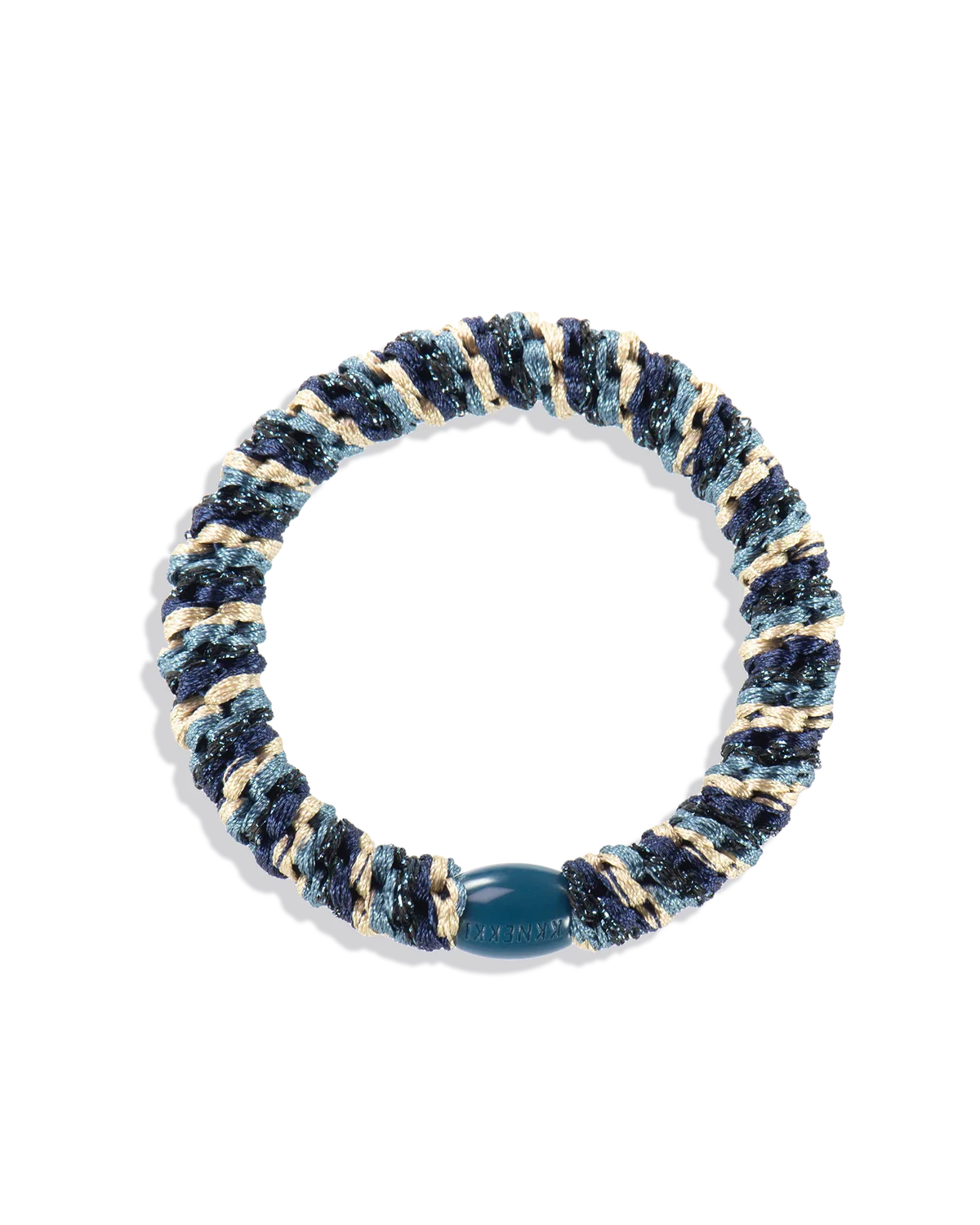 Woven glitter hair tie in navy blue and gold tones with a blue center