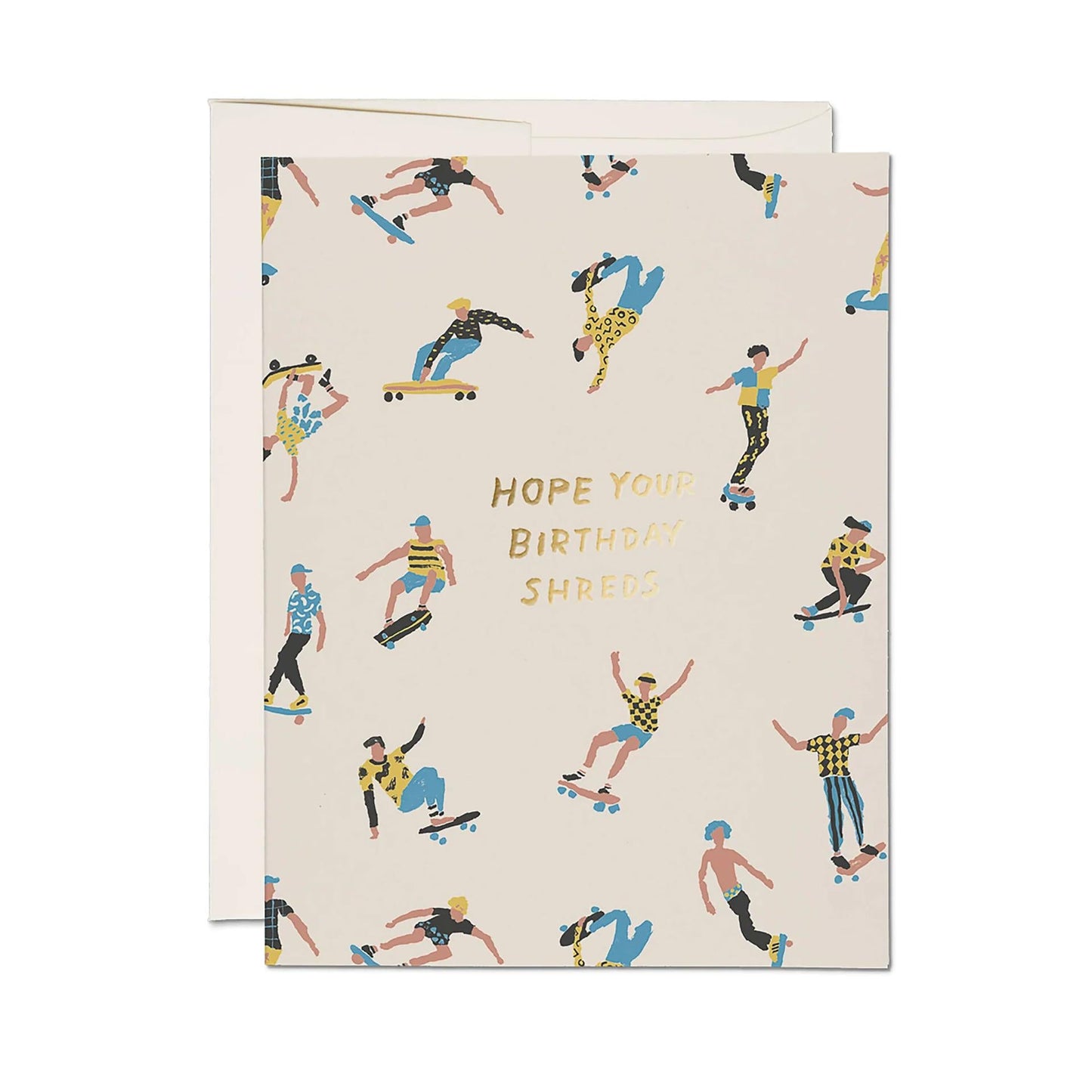 Birthday card with skater pattern and 'HOPE YOU BIRTHDAYS SHREDS' text on cream.
