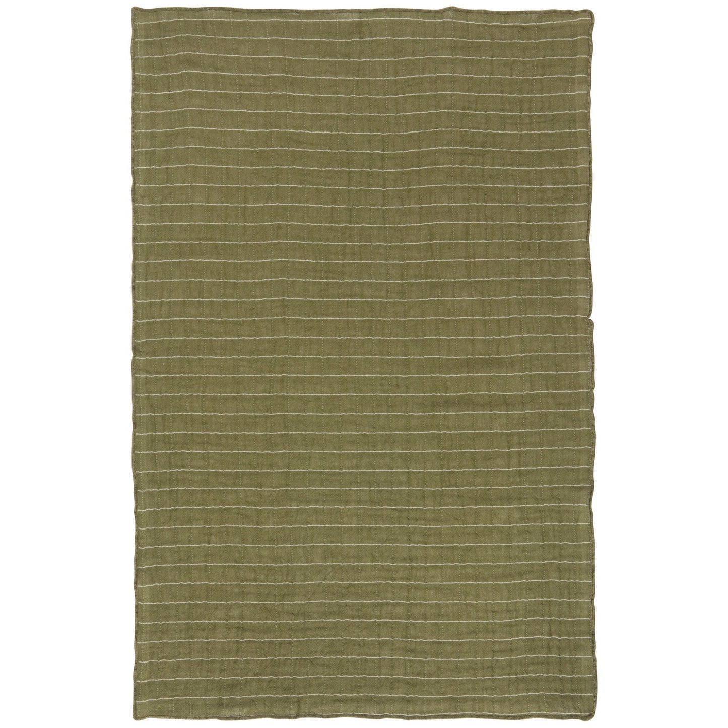 Double-weave dishtowel in olive green with fine striped texture and textured edges.