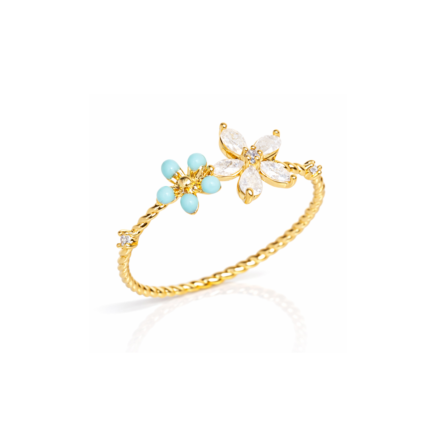 Gold-tone flower ring with turquoise beads and a white crystal center