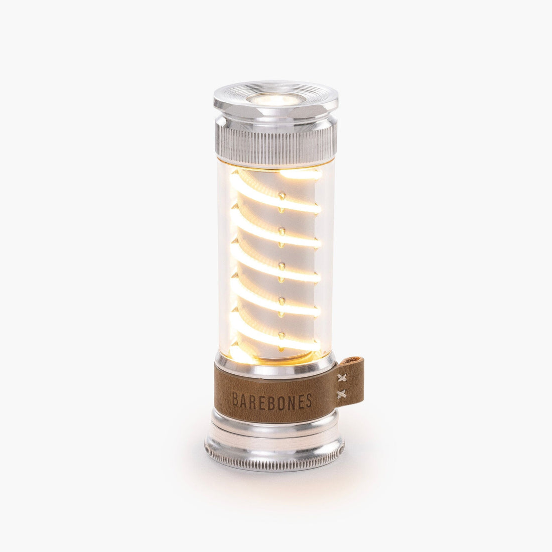 Silver Edison light stick with ribbed lens and warm glowing filament-style light