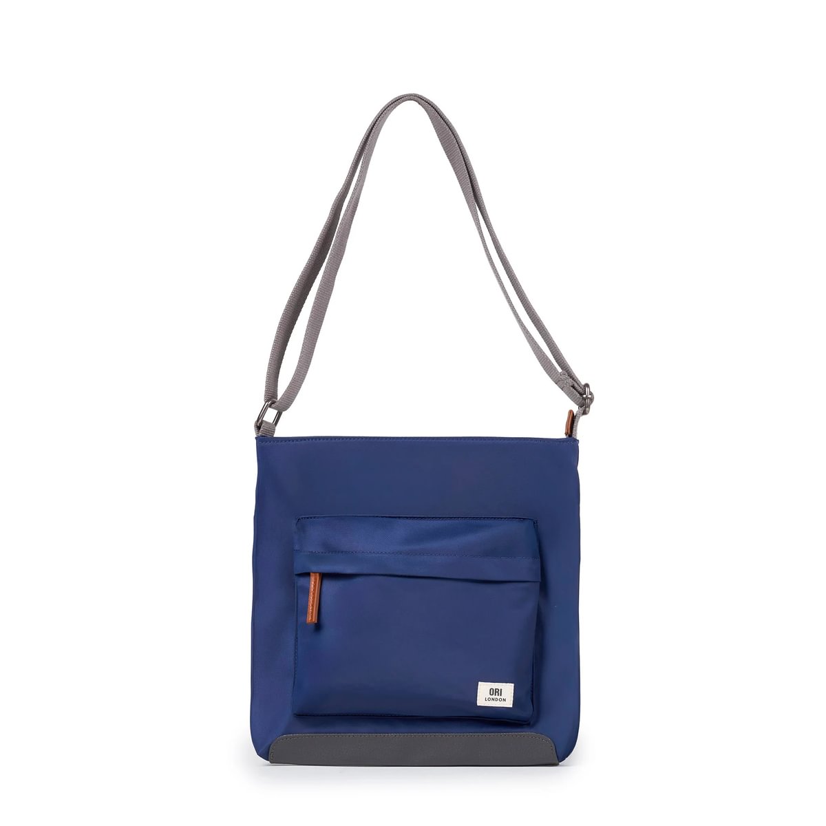 Royal blue nylon crossbody bag with top zipper, adjustable strap, front pocket, and logo patch