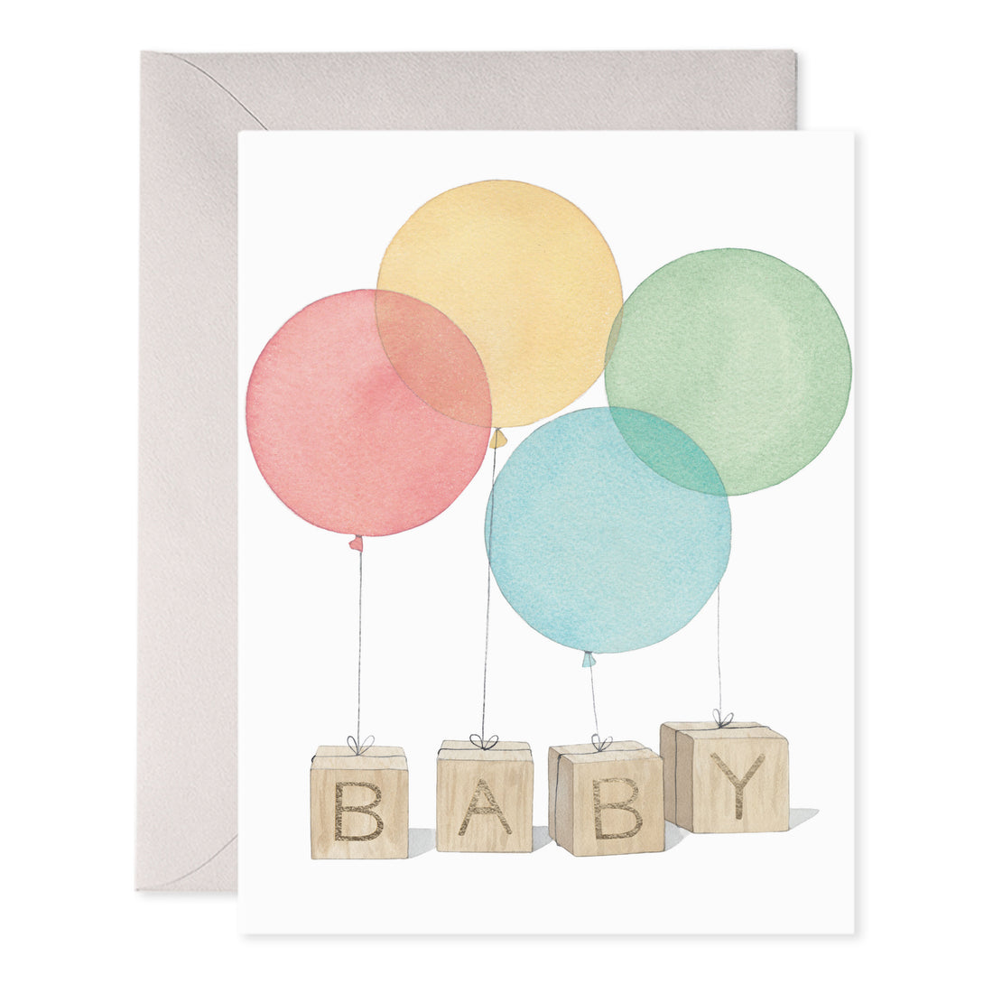 Baby blocks letter wooden blocks with balloons on a greeting card showing 'BAB'