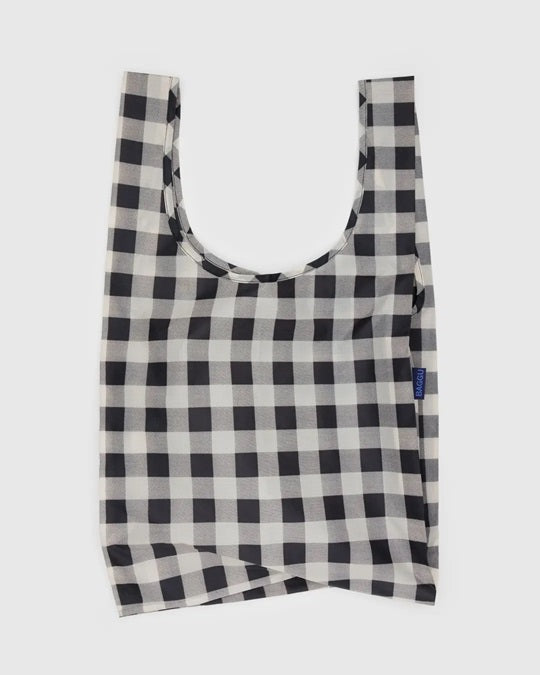 Reusable tote bag with black-and-white gingham check pattern and short U-shaped handles.