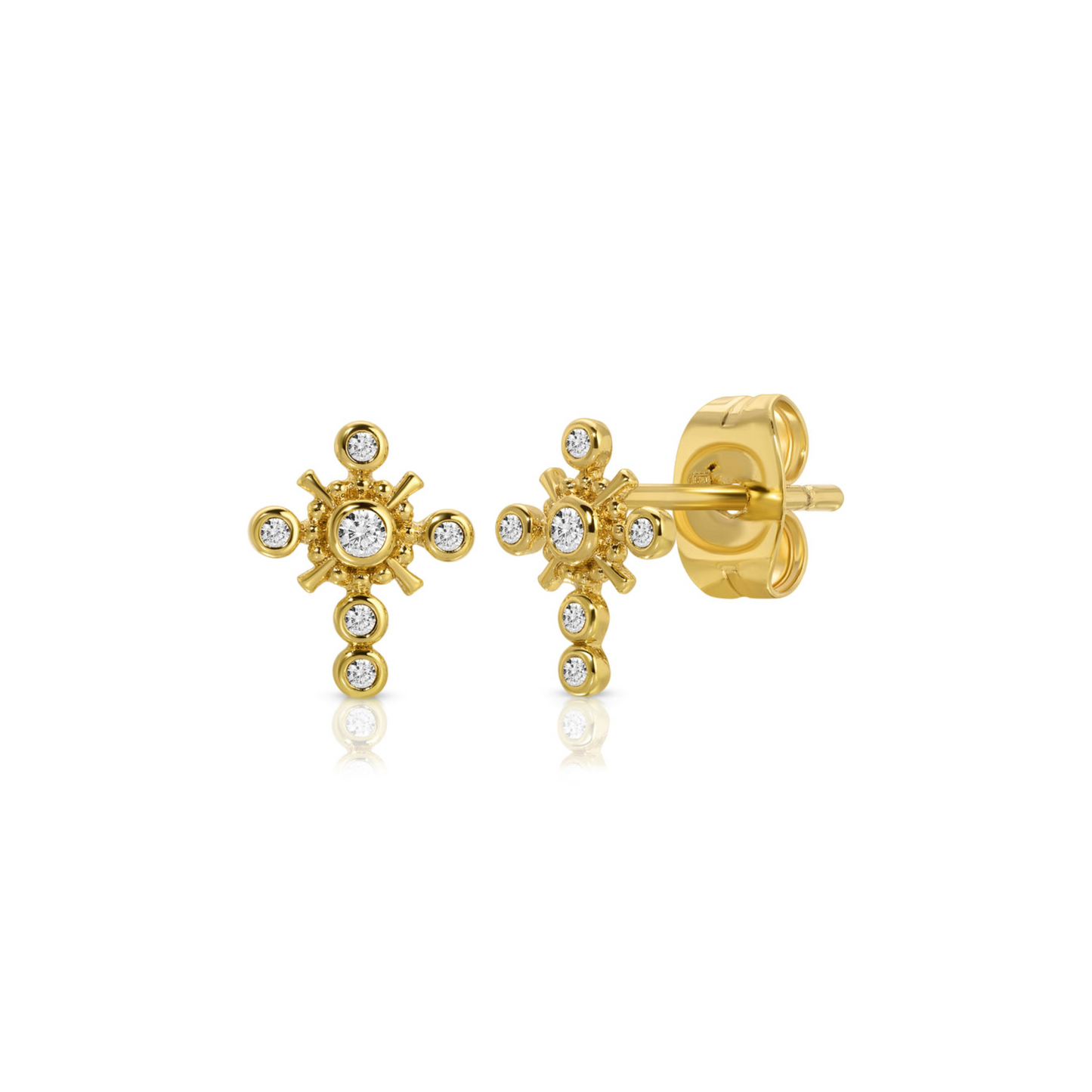 Gold-tone CZ cross stud earrings with round crystal stones and halo detailing