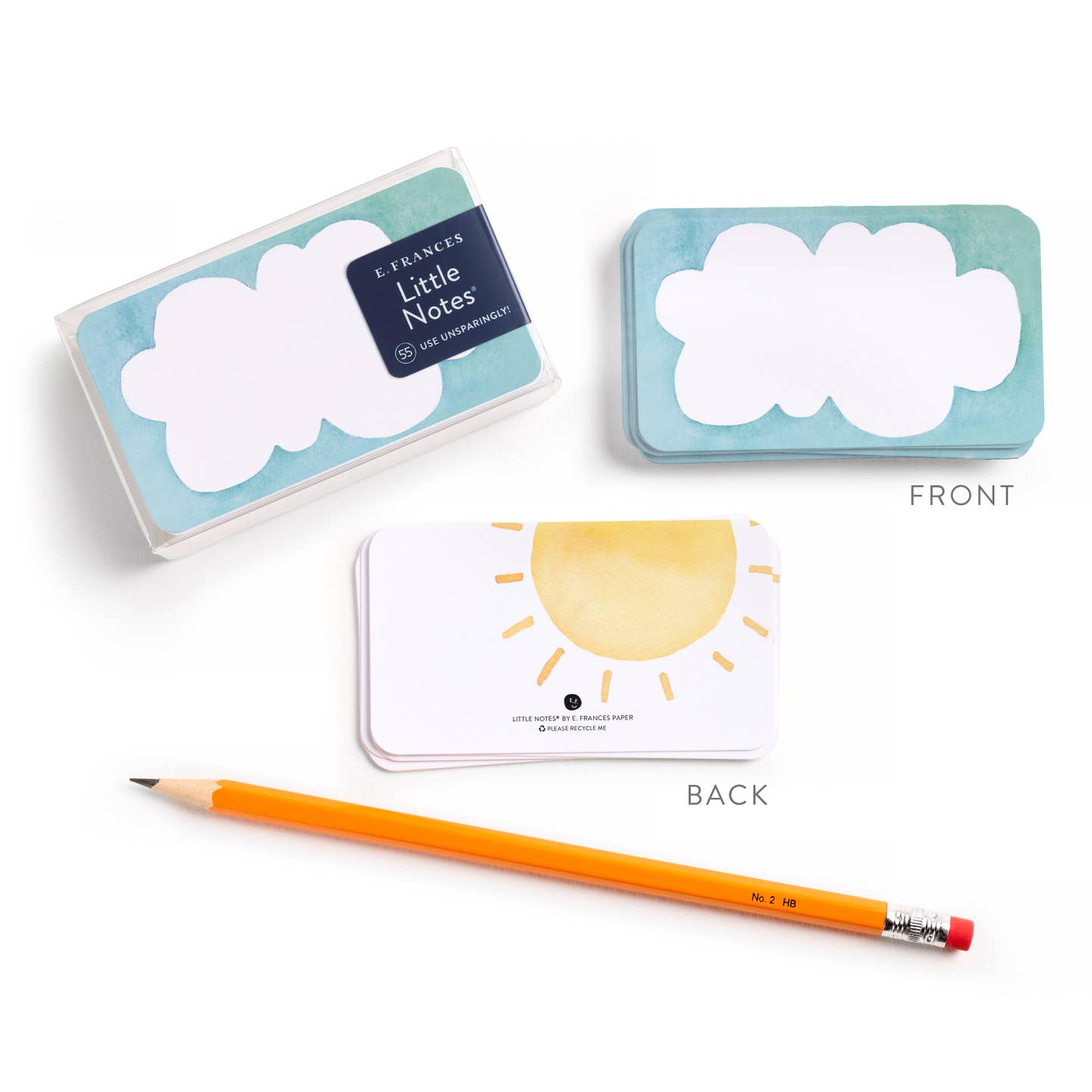 Cloud-shaped note cards, front and back designs, turquoise case with pencil (E. Frances Little Notes)