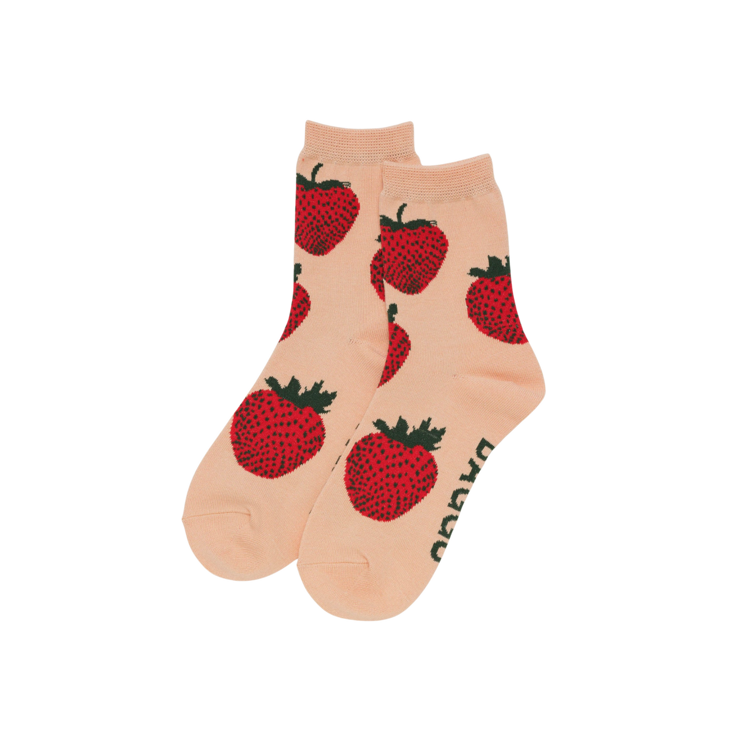 Crew-length socks in light cream with red strawberry pattern, two-pack view.