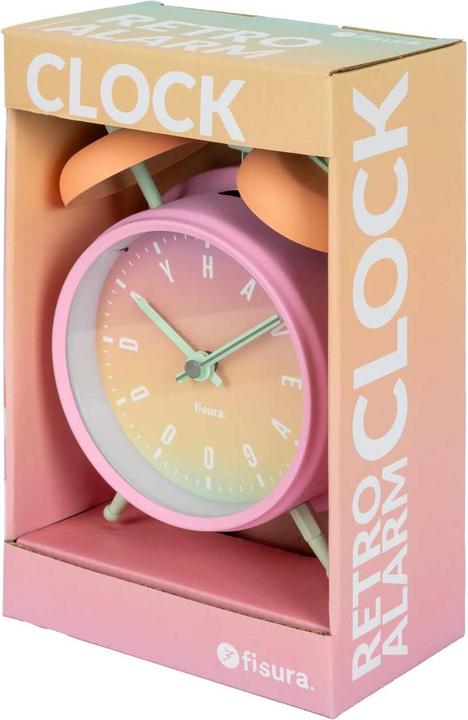 Retro alarm clock in box, pink bezel, green hands, white numerals on pastel dial