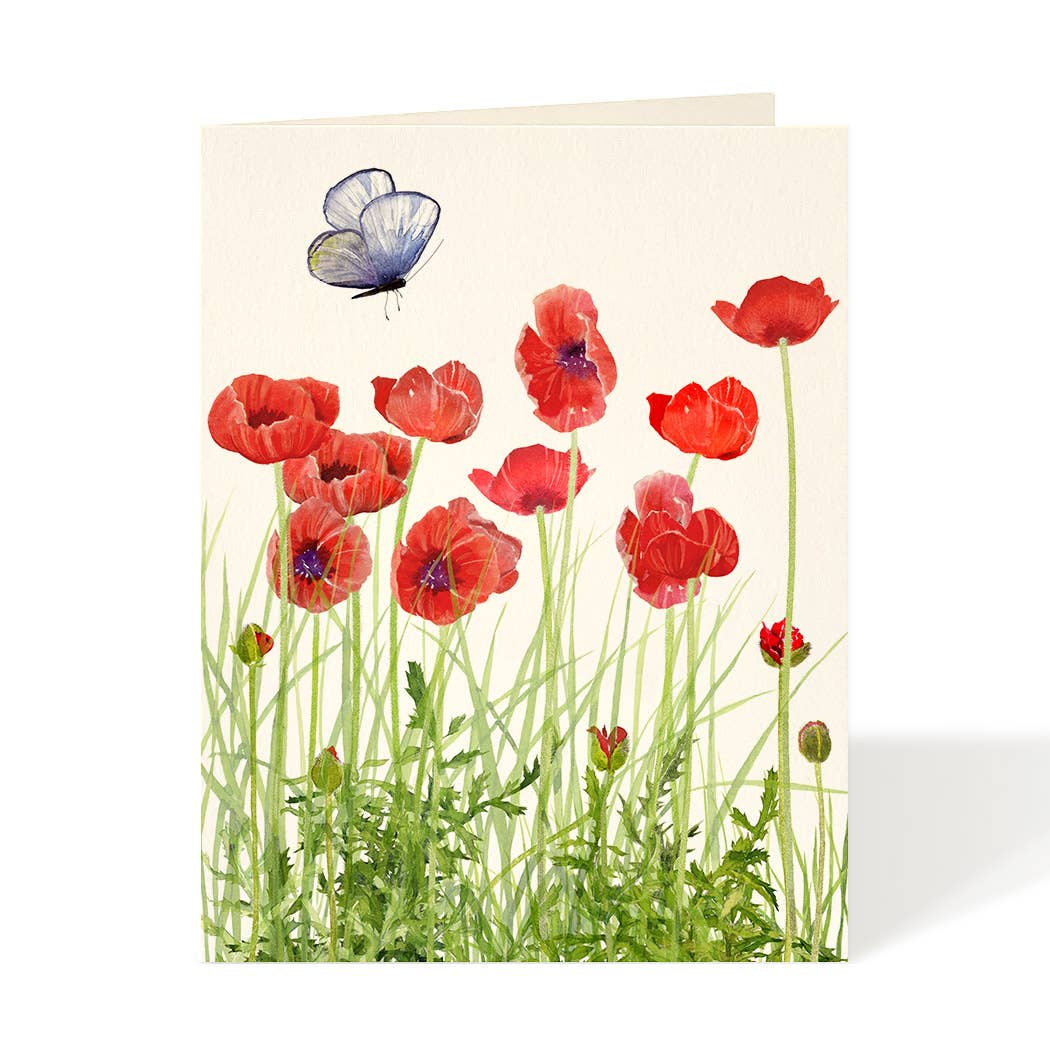 Floral poppies greeting card with red blooms, green stems, and a blue flower