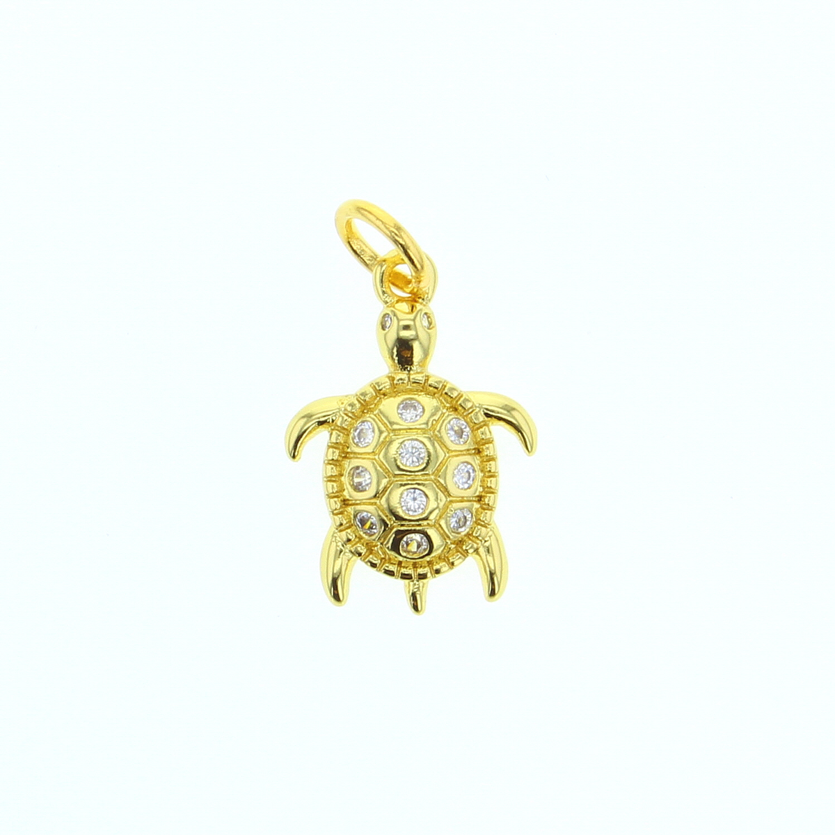 Gold-tone sea turtle CZ charm with clear gemstone eyes and ring bail