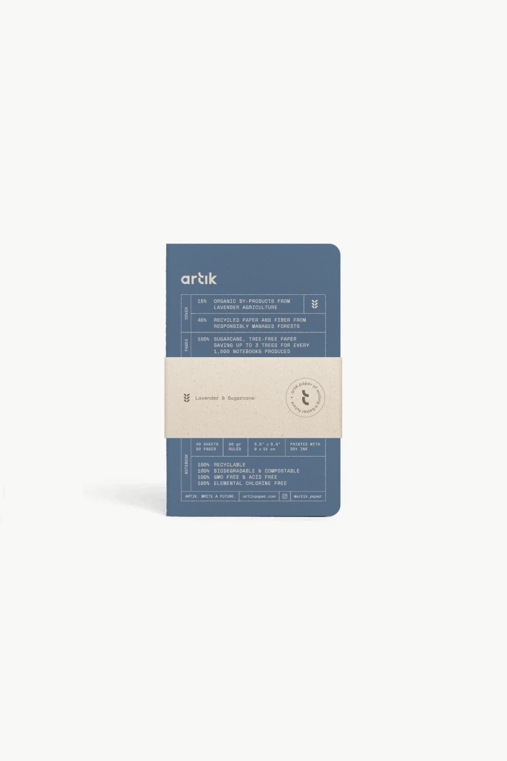 Pocket sewn notebook pack, navy blue cover with label and elastic band