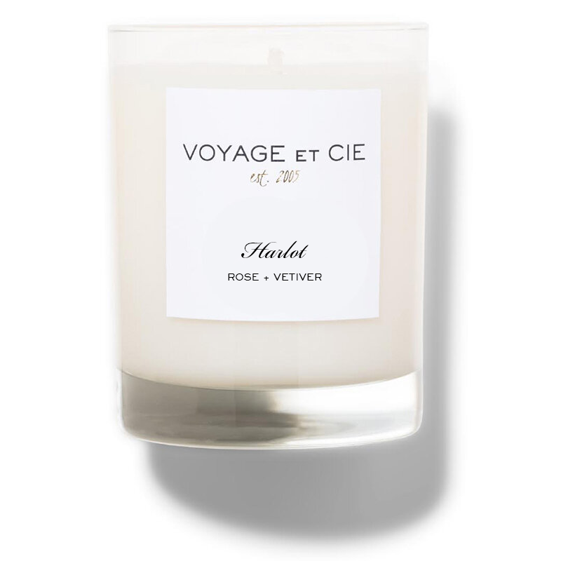 Highball 14oz candle in clear glass labeled Harlot Rose and Vetiver