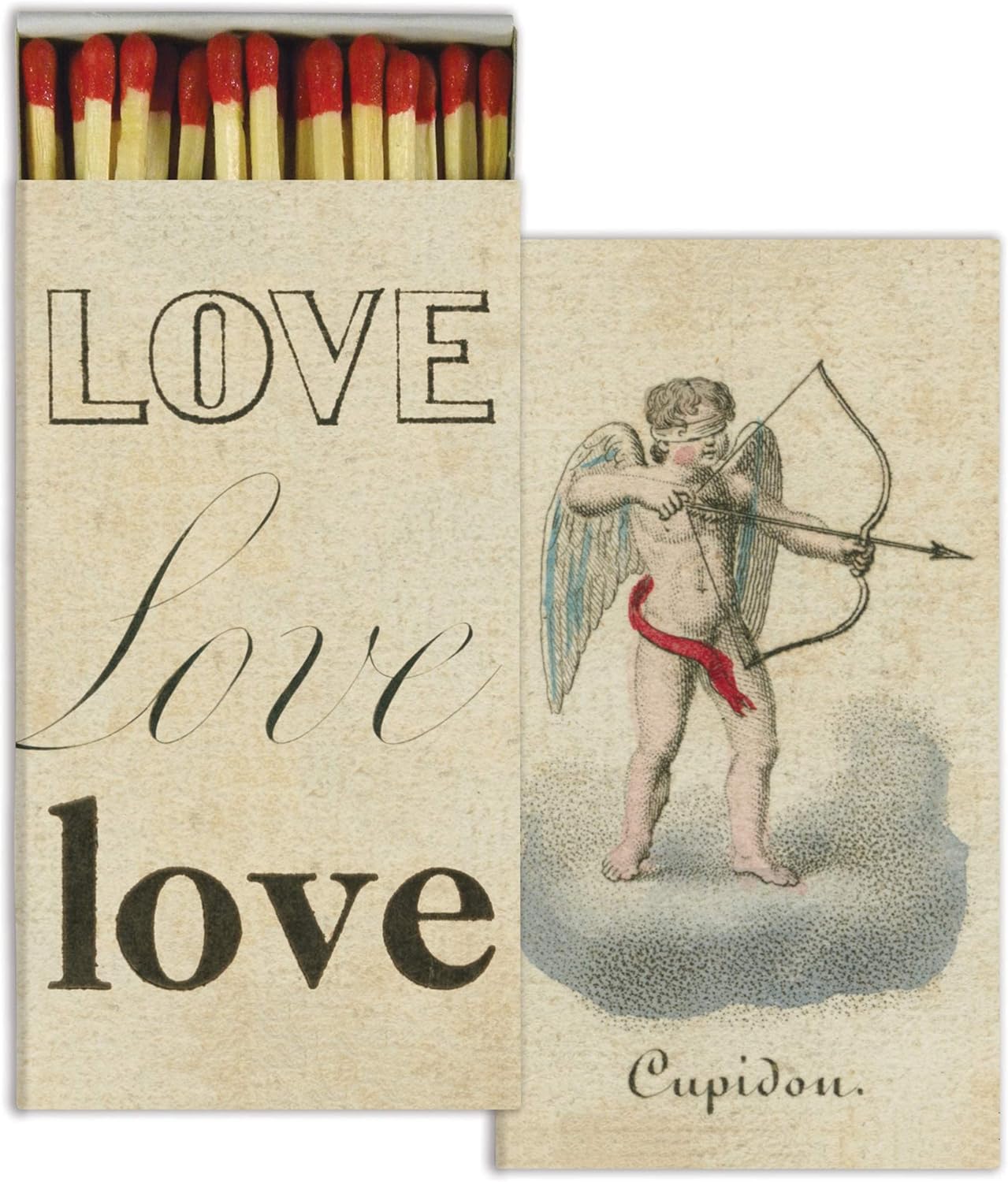 Beige LOVE matchbox with Cupid illustration and red match heads