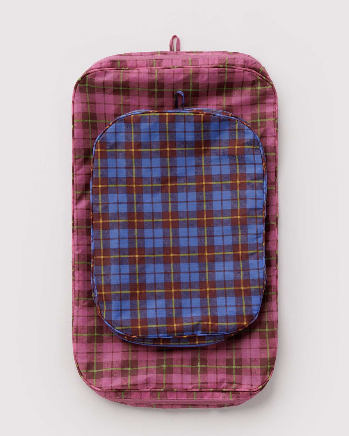 Large packing cube with plaid fabric, zip closure, interior visible