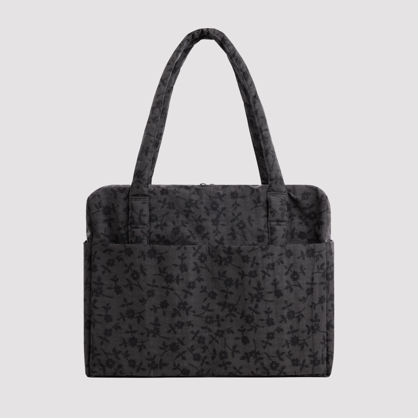 Charcoal floral carry-on tote bag with two top handles and front pocket