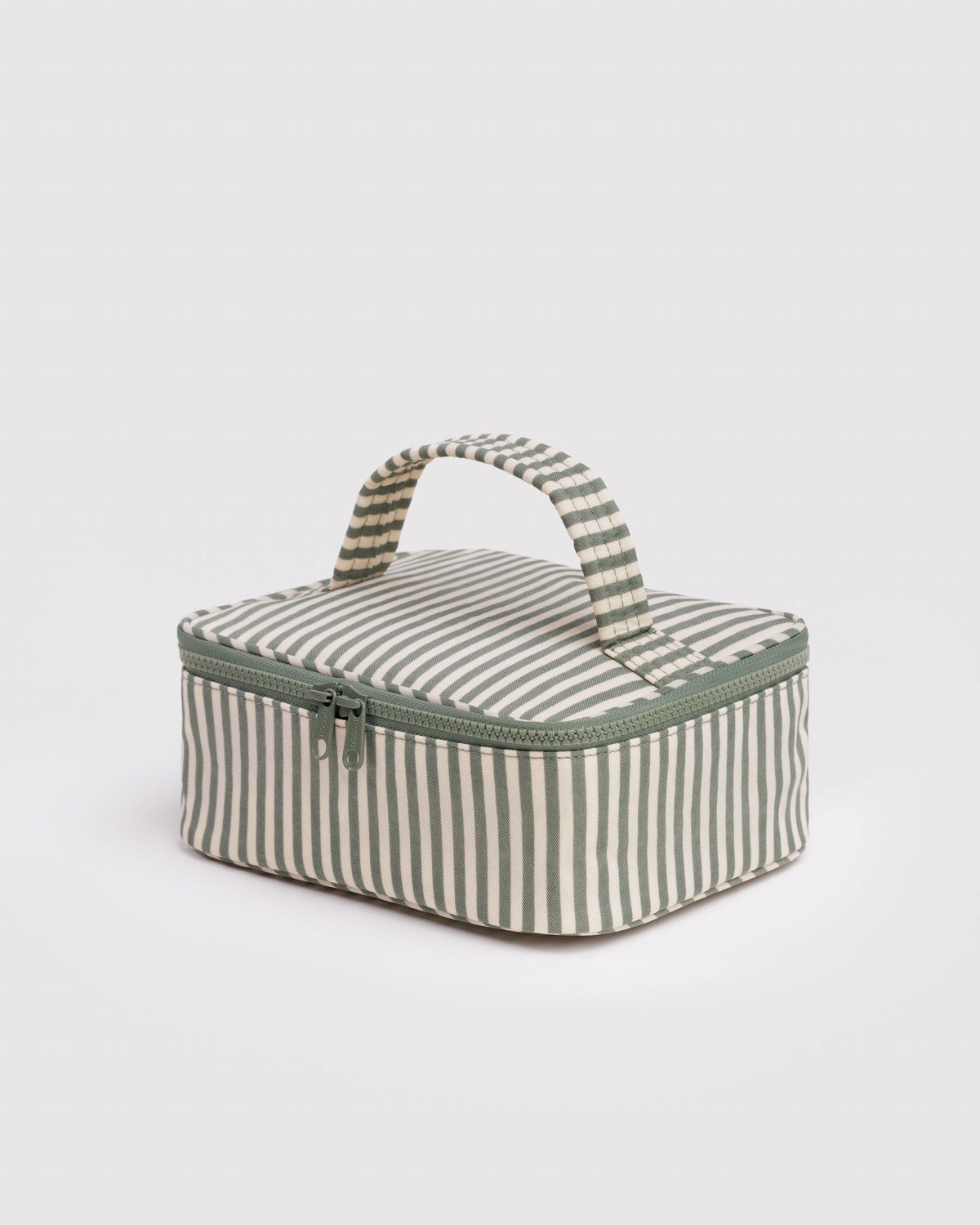 Small cosmetic case, green and cream striped fabric, top handle, zip closure