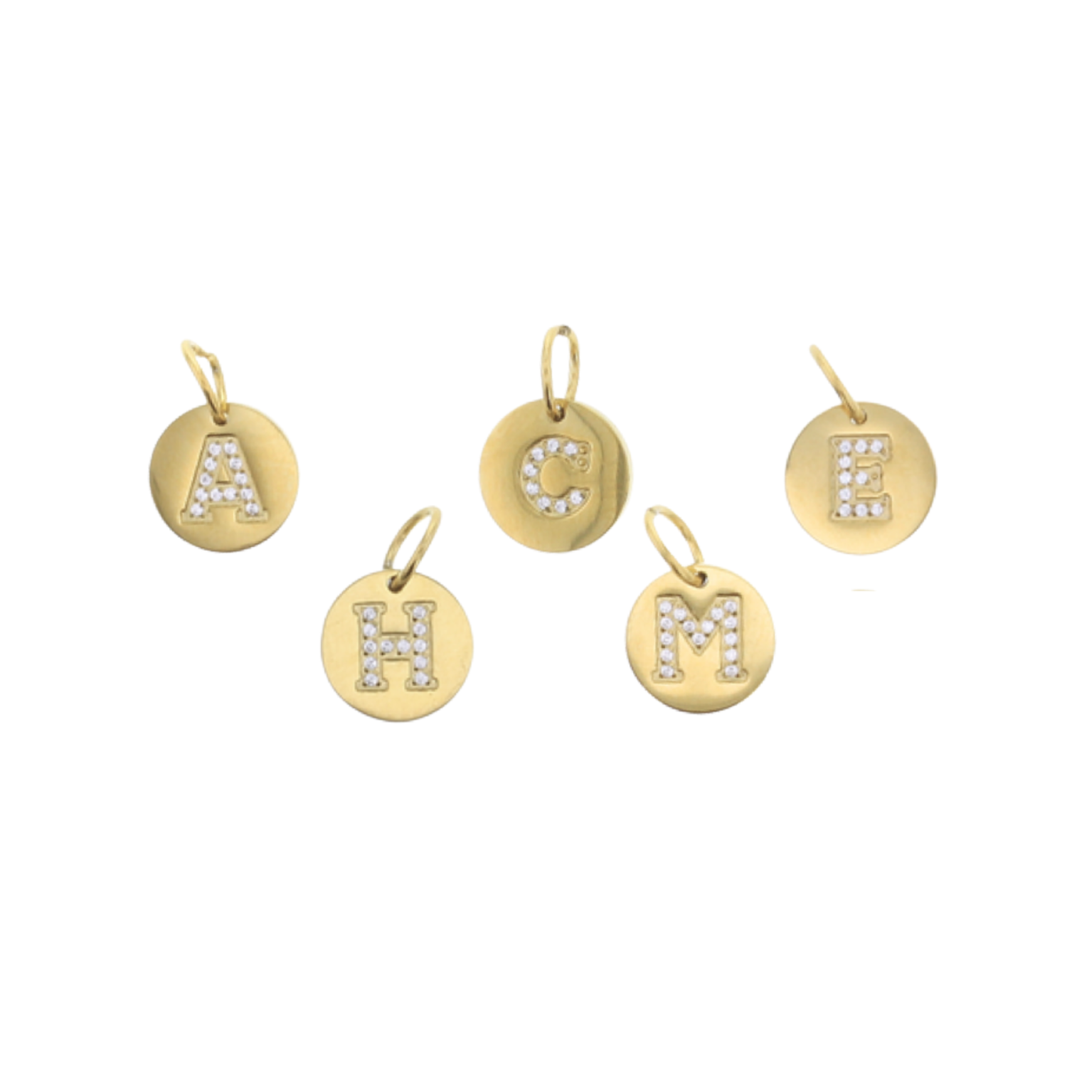 Gold circle letter charm set with rhinestone initials A, H, J, M, E on pendants