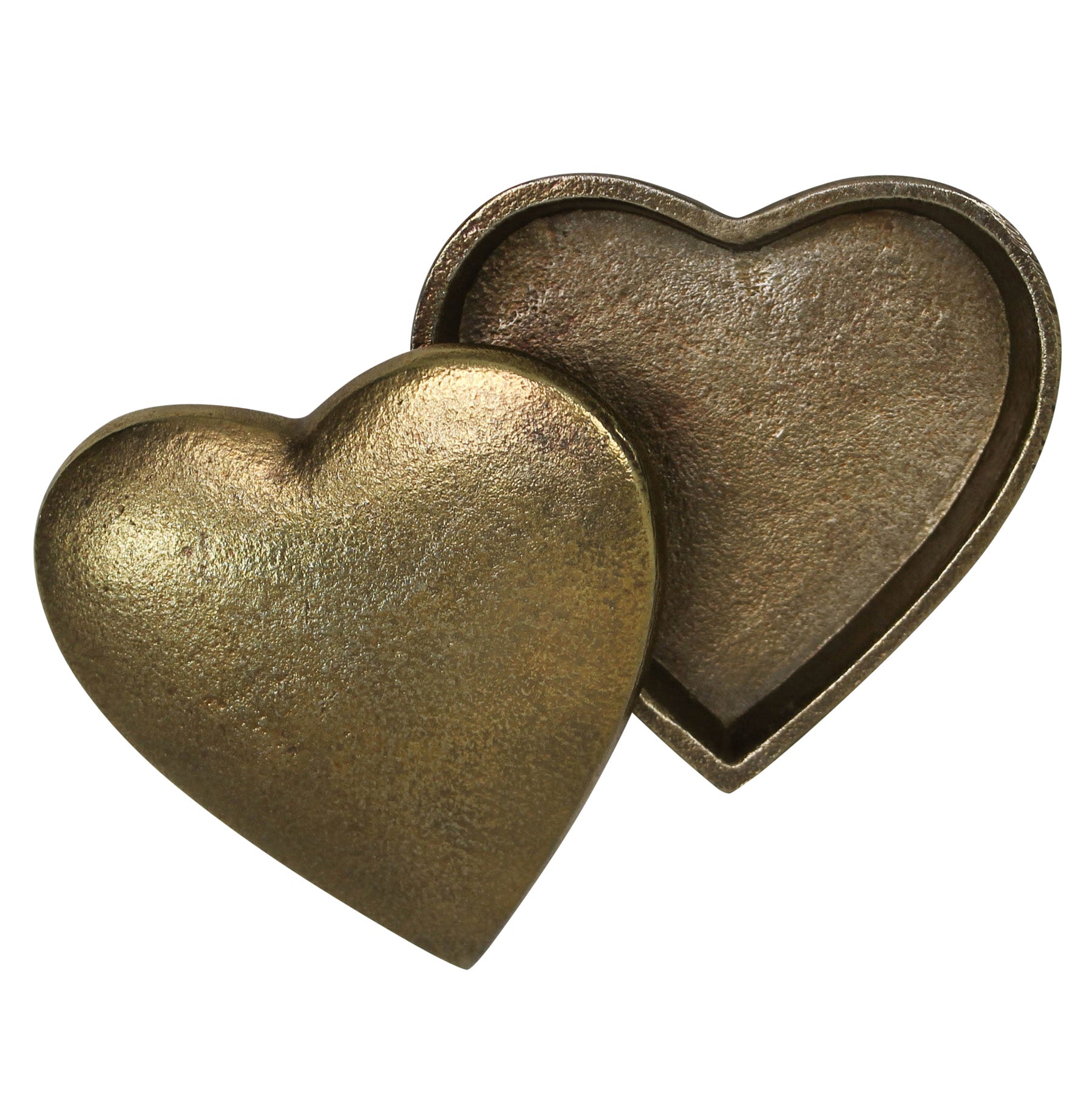 Two heart-shaped boxes in antique gold textured finish with raised rim