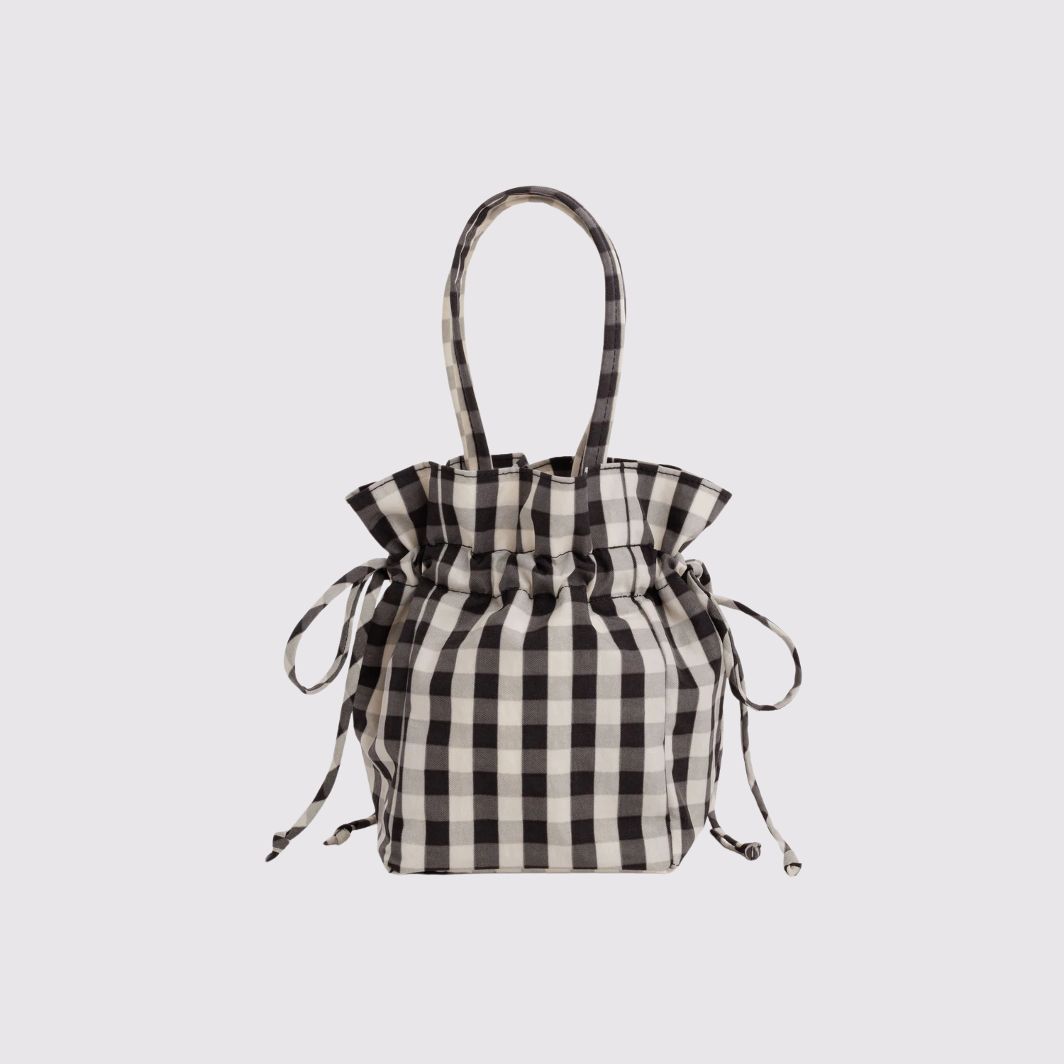 Black and white gingham nylon drawstring bag with top handle and side ties