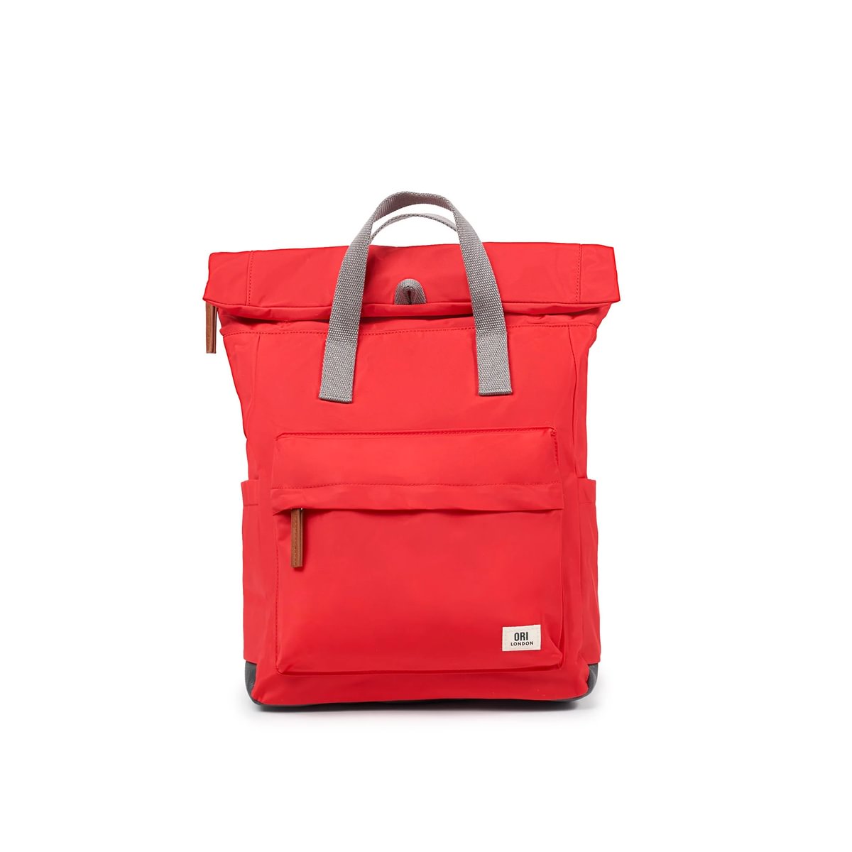 Red medium nylon backpack with gray top handles, front pocket, and zip closure