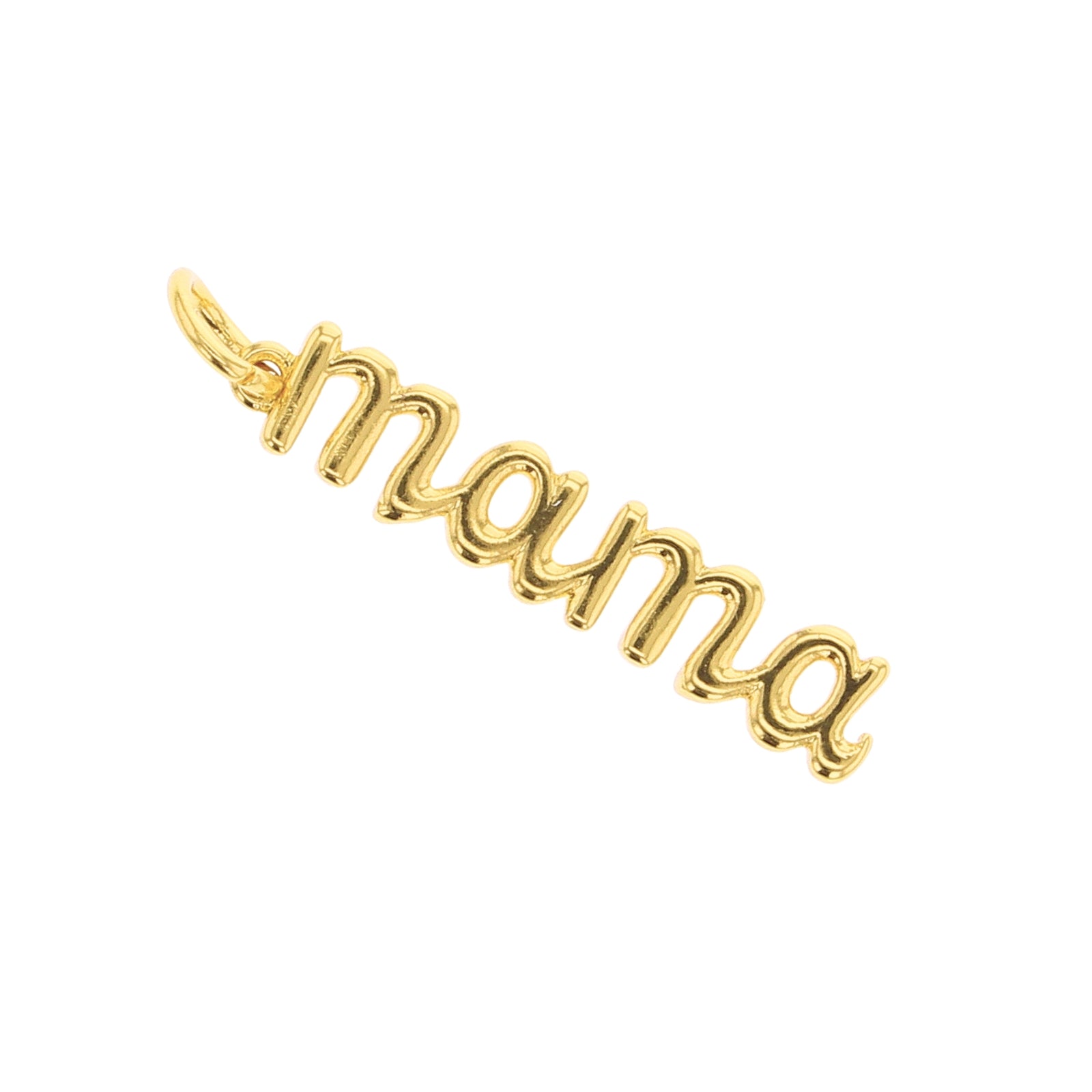 Gold cursive 'mama' charm angled diagonally