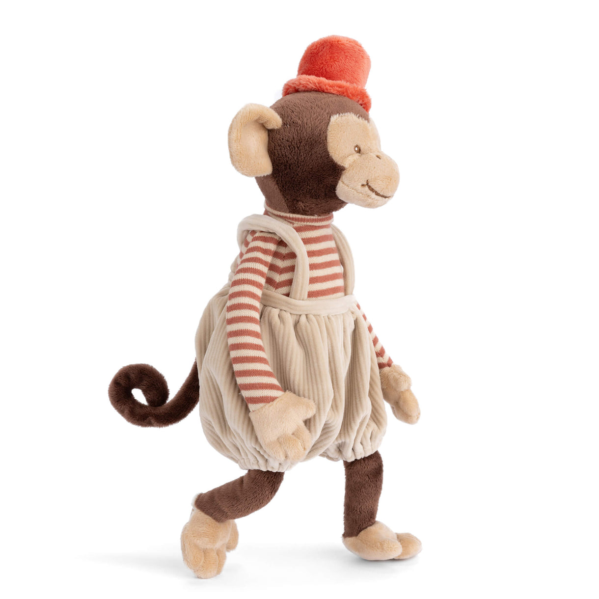 Side-view plush monkey with orange cap, striped shirt, cream overalls, and curled tail