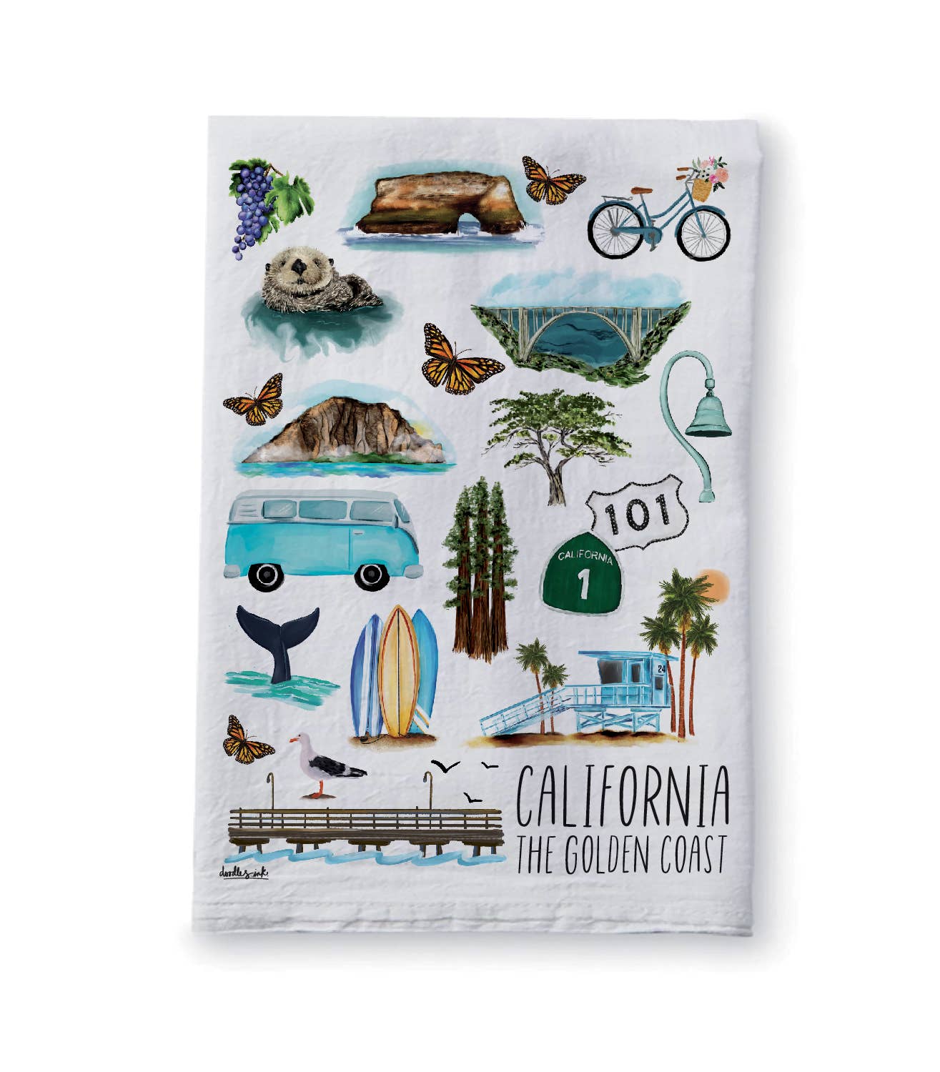 California Coast tea towel with surfboard, car, trees and “CALIFORNIA” print
