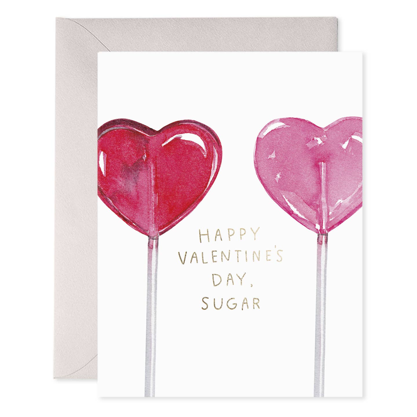 Valentine greeting card with two heart lollipops and text “Happy Valentine’s Day Sugar”