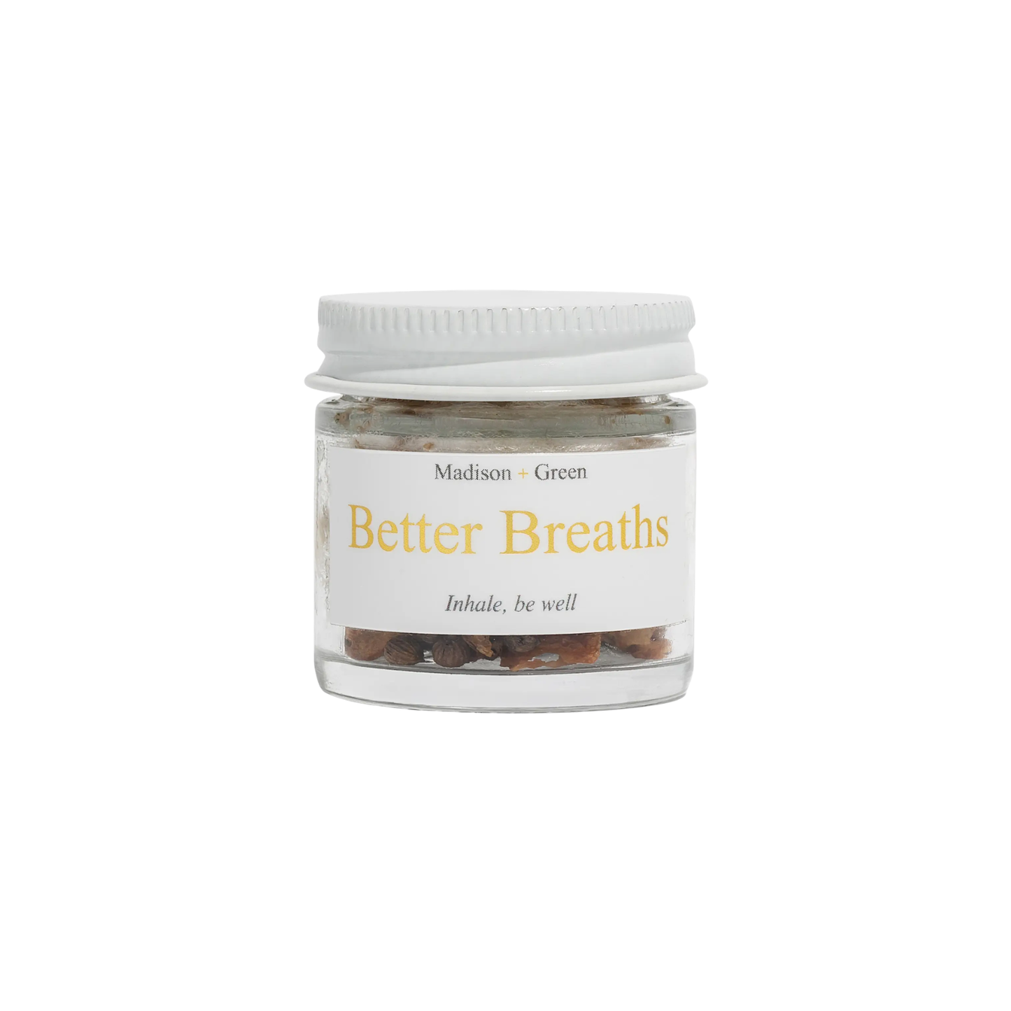 Aromatherapy inhaler jar with white cap, label "Better Breaths" by Madison + Green