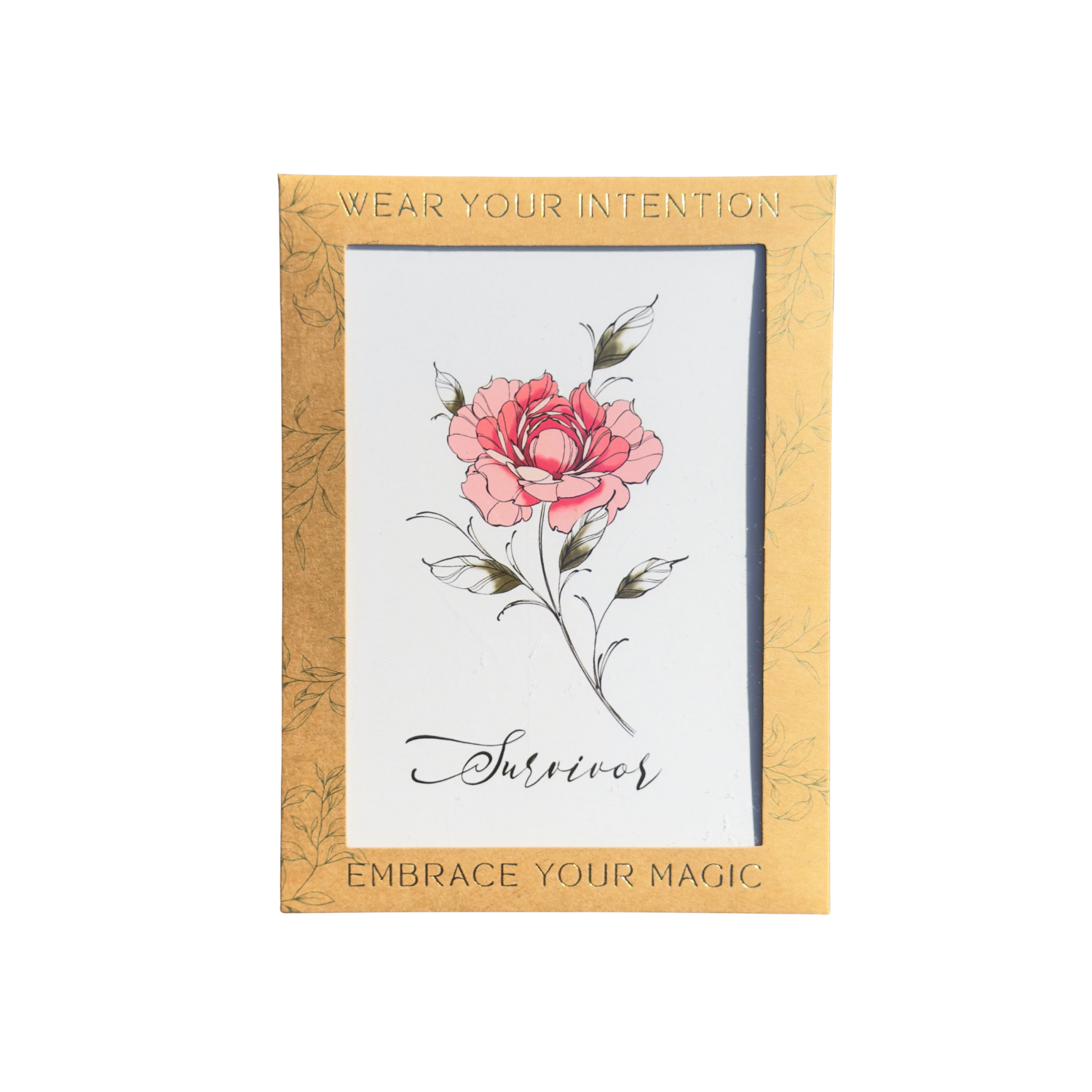 Peony flower tattoo design card with 'Survivor' script and floral illustration