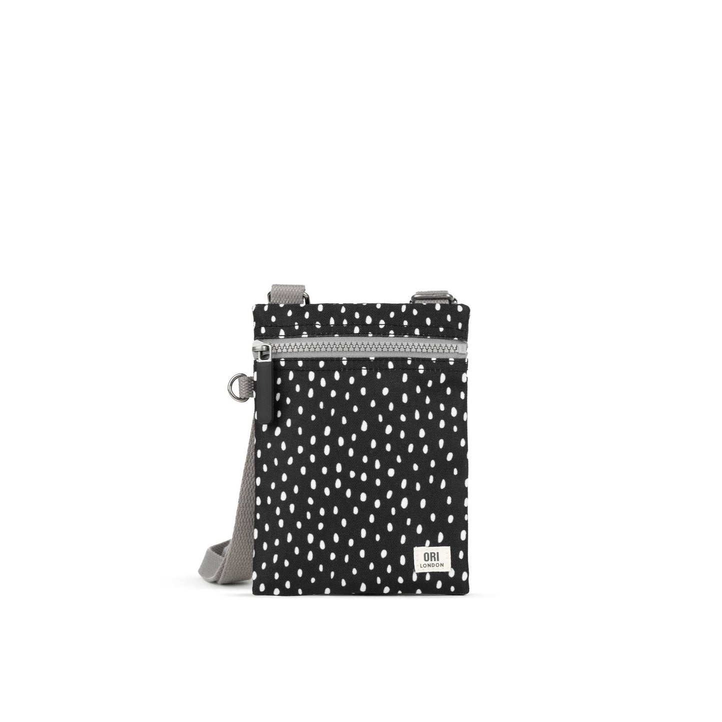 Black-and-white speckle recycled nylon pocket crossbody bag with zip top and gray strap