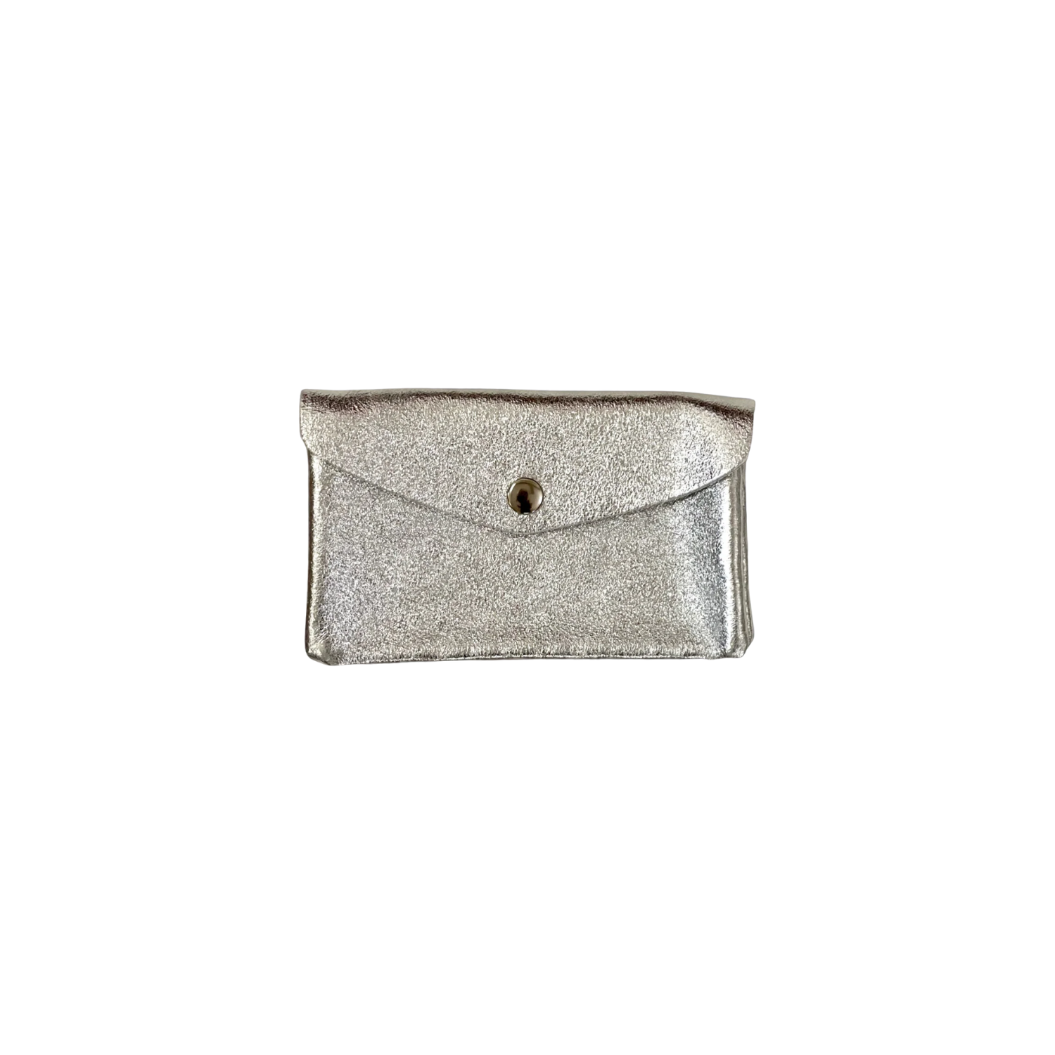Metallic leather mini wallet with front flap and round button closure