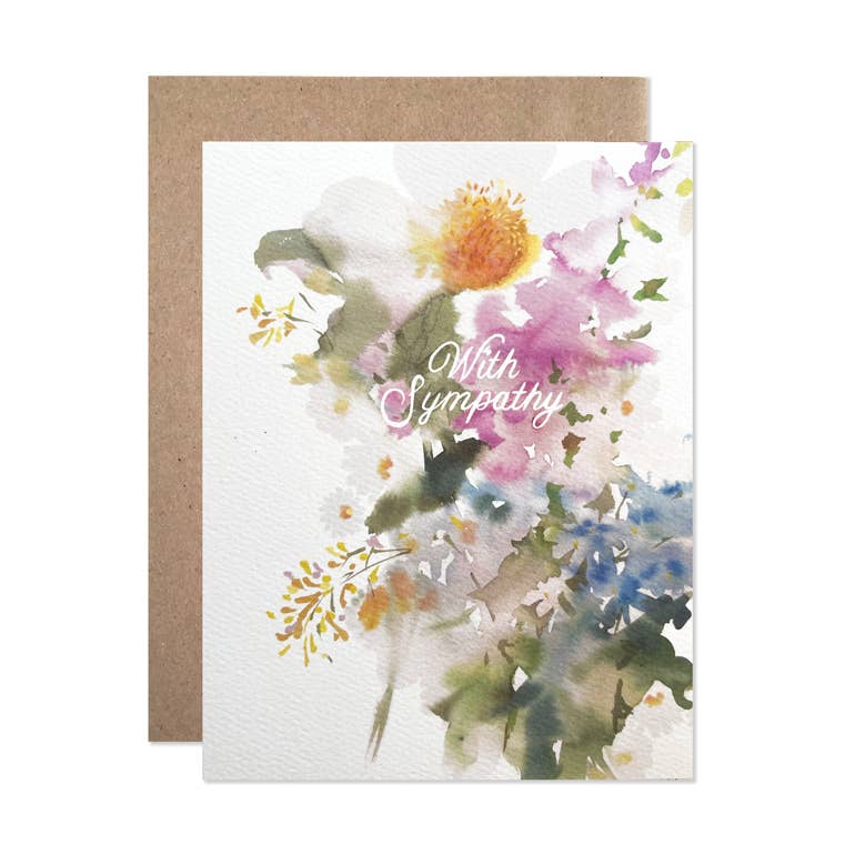 Sympathy greeting card with watercolor bouquet and 'With Sympathy' text
