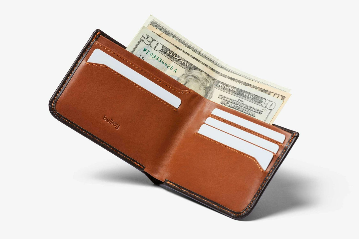 Tan leather wallet open with ID window, card slots, and bill pocket