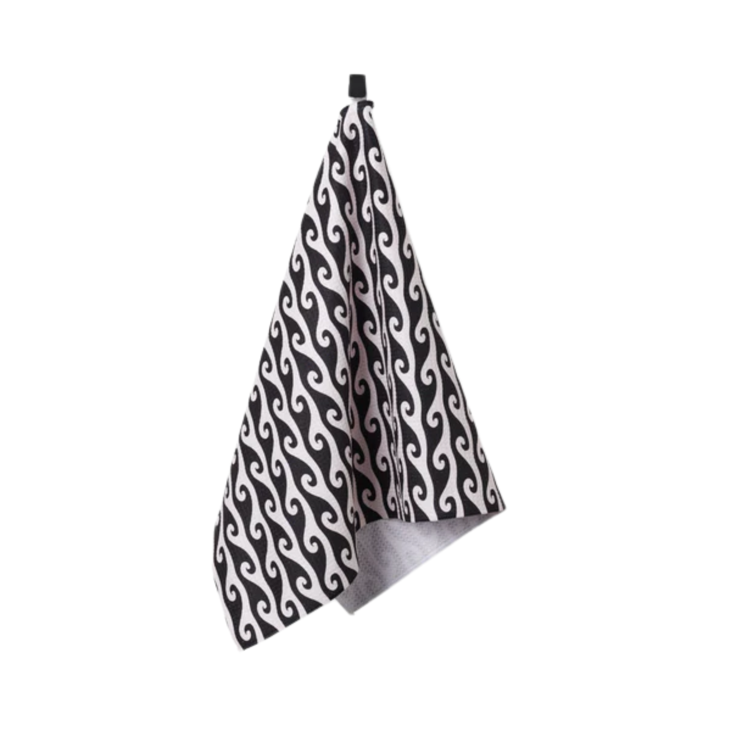 Tea towel with black and white rolling wave swirl pattern, hanging loop