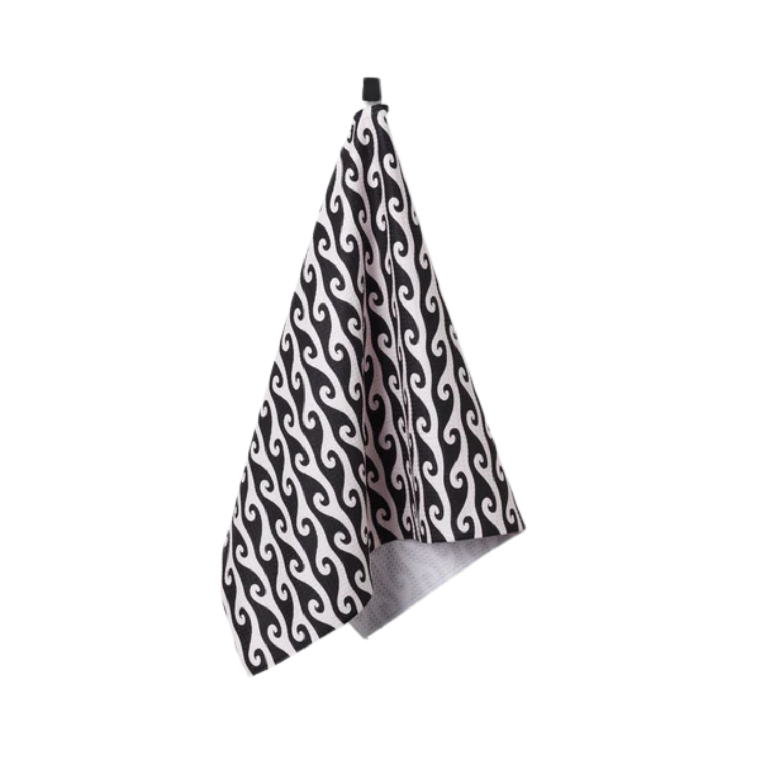 Tea towel with black and white rolling wave swirl pattern, hanging loop